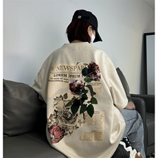 美式复古麂皮短袖阔版宽松街头高报纸玫瑰上衣XZ301B-JB4302-P28，男装T恤，星座301B