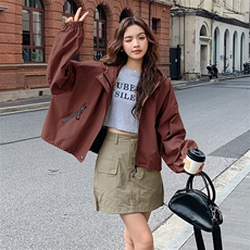韩版时尚短款连帽冲锋衣外套女2025春秋新款宽松显瘦休闲短款上衣，女装短外套，2C085