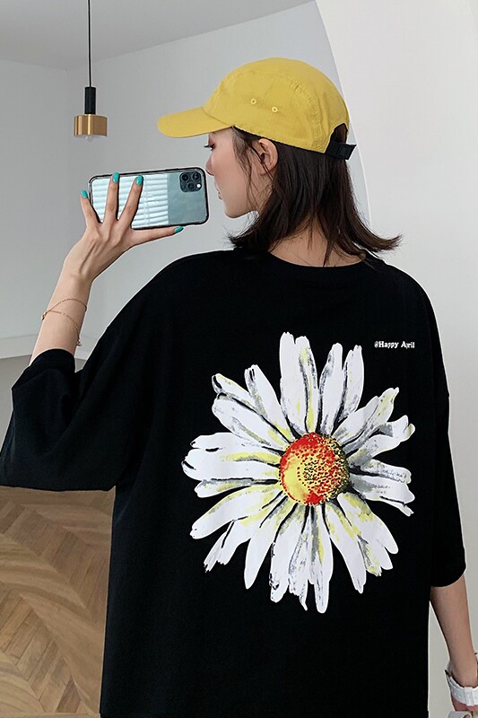 2021夏装新款大菊花印花短袖T恤女宽松百搭上衣D76P38中性,女装T恤,电商A335-1（原A458）