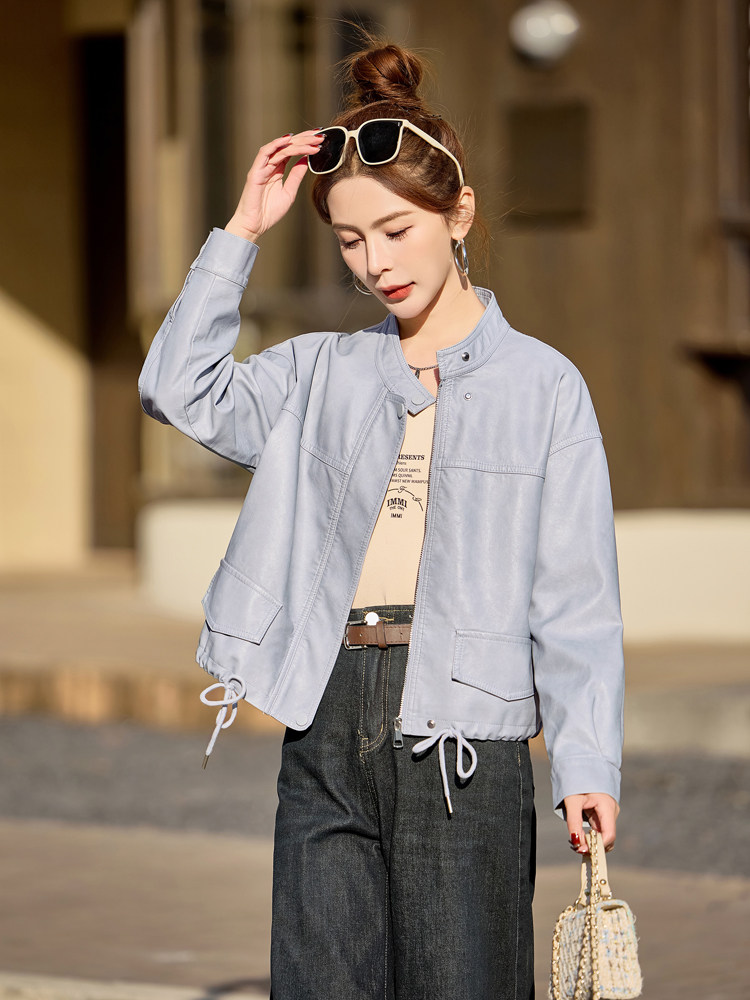 皮衣外套女秋秋2025新款小个子短款宽松时尚休闲PU皮夹克圆领上衣,女装皮衣,简古