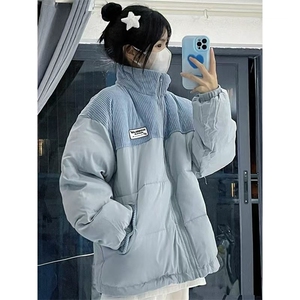 蓝色羽绒服女2025新款冬季短款面包服设计感小众灯芯绒外套女款