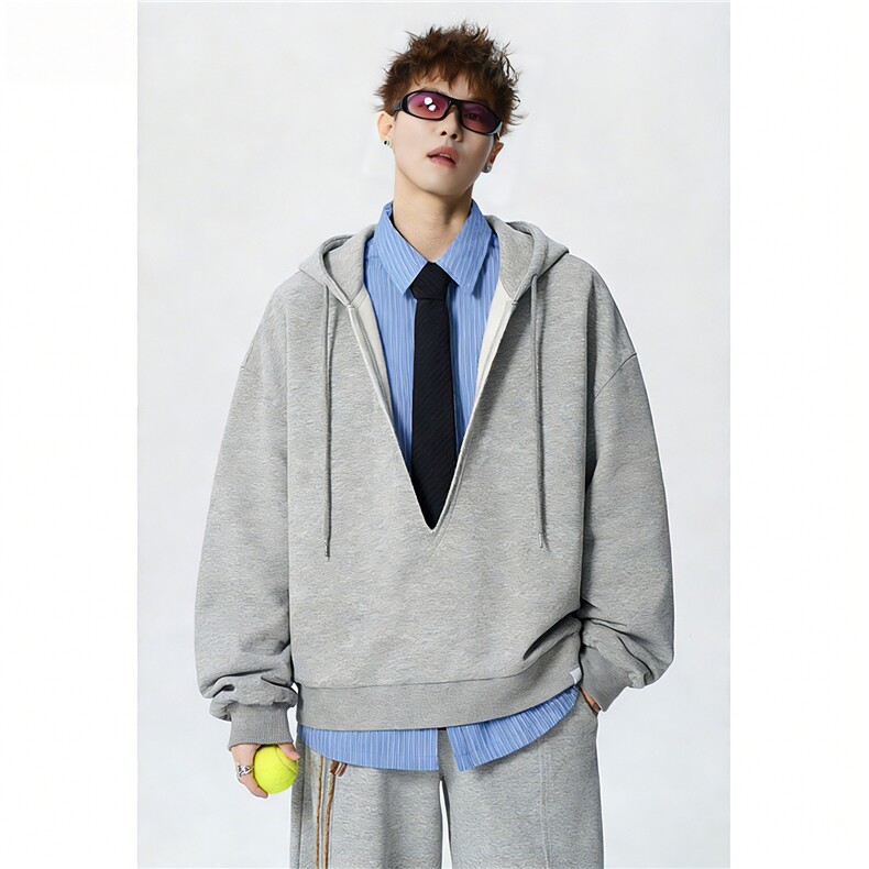 送领带420克重磅假两件V领卫衣男女学院风长袖条纹G1181特P68，男装卫衣，电商A339