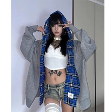 秋季ins2025美式假两件连帽格子卫衣开衫男女宽松秋外套潮青少年，女装短外套，星座601-1