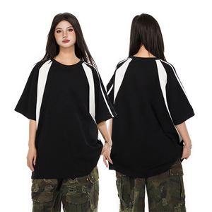 高品质二开240克重磅宽松纯棉拼接三条杠织带中性风短袖T恤潮