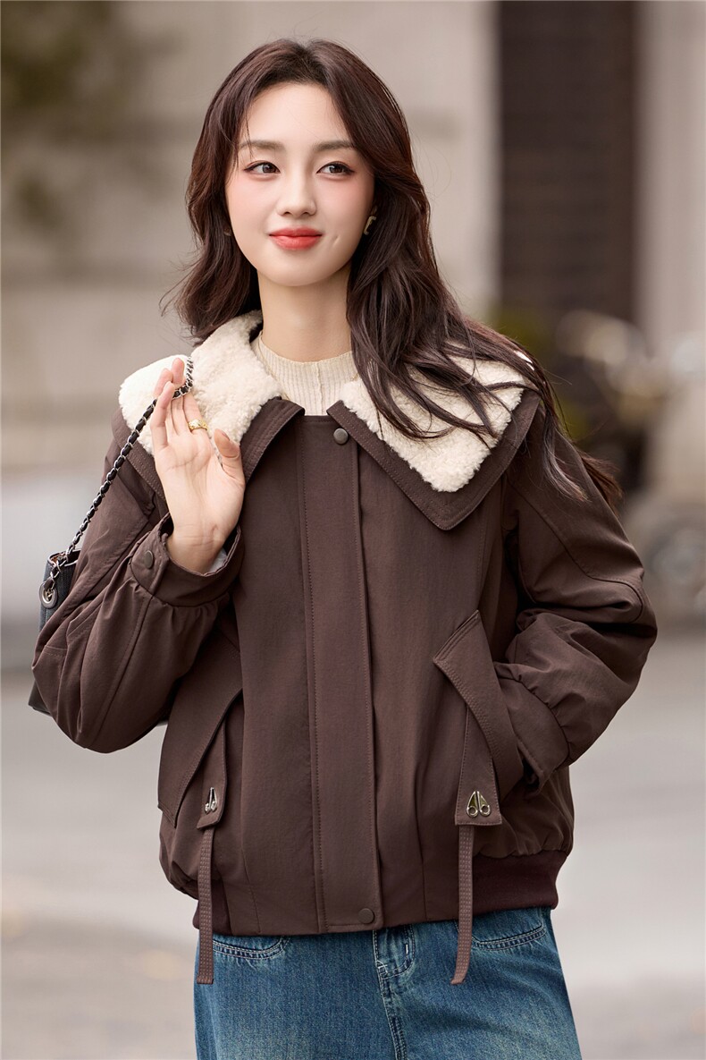 羊羔毛拼接翻领加绒加厚外套女2025秋冬新款宽松显瘦减龄洋气棉服,女装派克服,木子恋