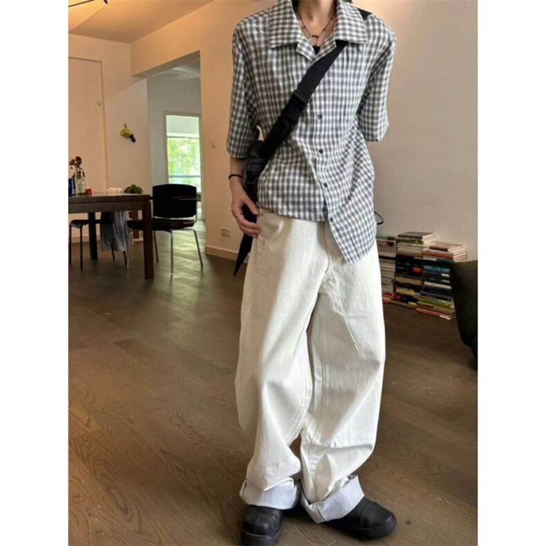 杭州出货~25新款夏季纯棉男女黑白格纹古巴领短袖衬衫CT25112批38,男装T恤,星座1004-6