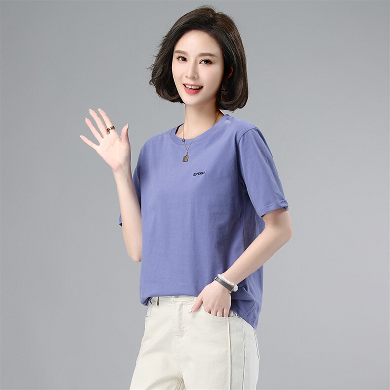 2023夏装新款圆领字母宽松短袖女T恤全棉，女装T恤，伊满意