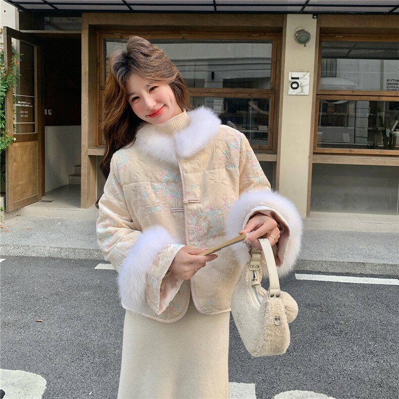 重工亮片刺绣新中式古典风狐狸毛羽绒服5176-P430-K638,女装羽绒服,2C126