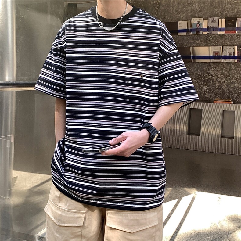 1港风条纹短袖T恤大码M-5XL立体口袋设计短袖T恤男DT8768P40控59图片