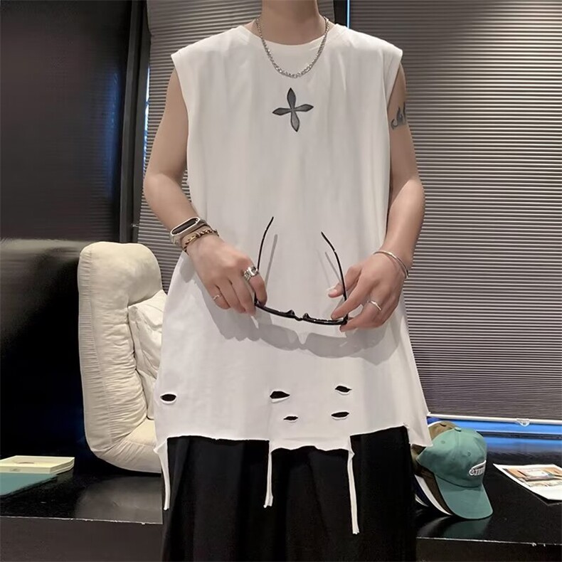 夏季时尚背心流苏剪破款设计感印花高品质纯棉背心马甲BX71p29,男装背心/马甲,星座1013