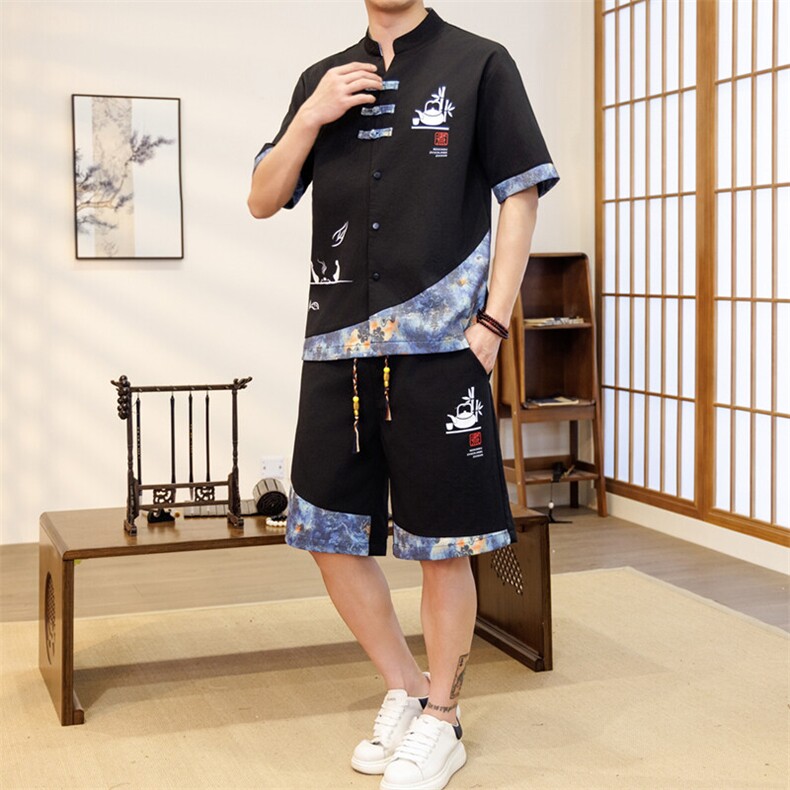 潮风套装男新中式短袖衬衫时尚休闲短裤两件套JZ307-P58,男装牛仔裤,星座310B-3