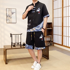 潮风套装男新中式短袖衬衫时尚休闲短裤两件套JZ307-P58，男装牛仔裤，星座310B-3