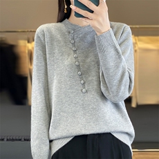 国风立领长袖针织打底衫女新中式毛衣2025秋冬新款保暖设计感毛衫，女装针织衫/毛衣，佳绒包芯纱店