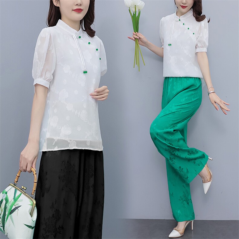 芷墨新款复古新中式简约日常改良汉服盘扣上衣裤子俩件套套装女装,女装套装/套裙,芷墨服饰
