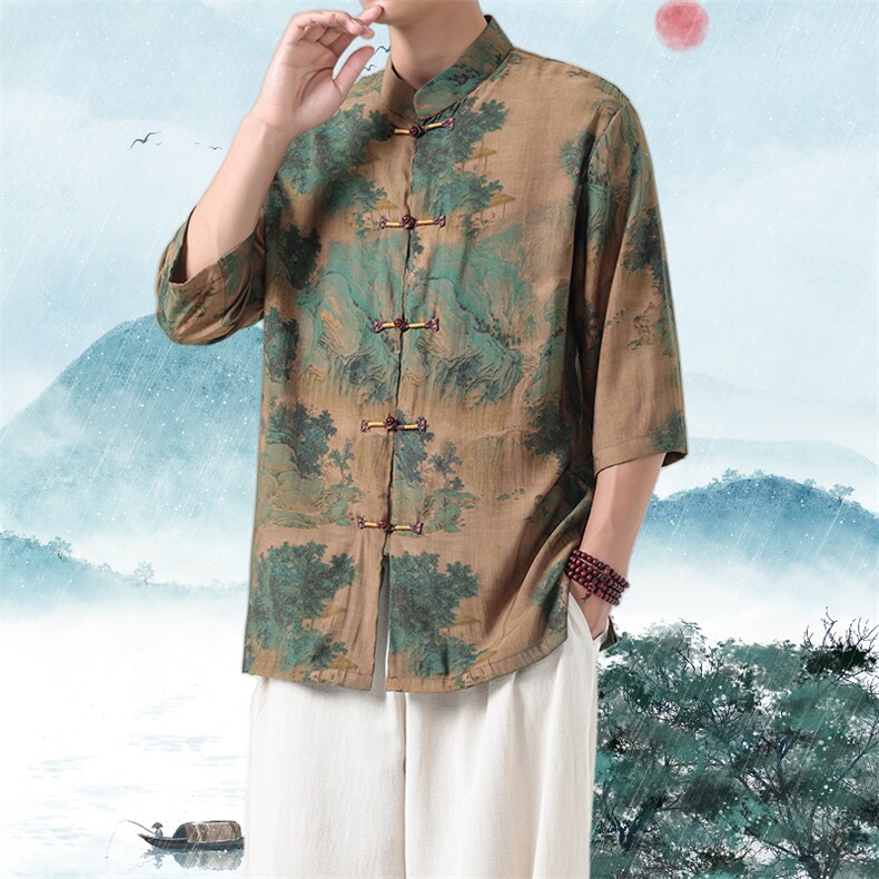 男士衬衫五分袖衬衣中袖印花立领唐装风XZ1512-2605-P45,男装T恤,星座1512
