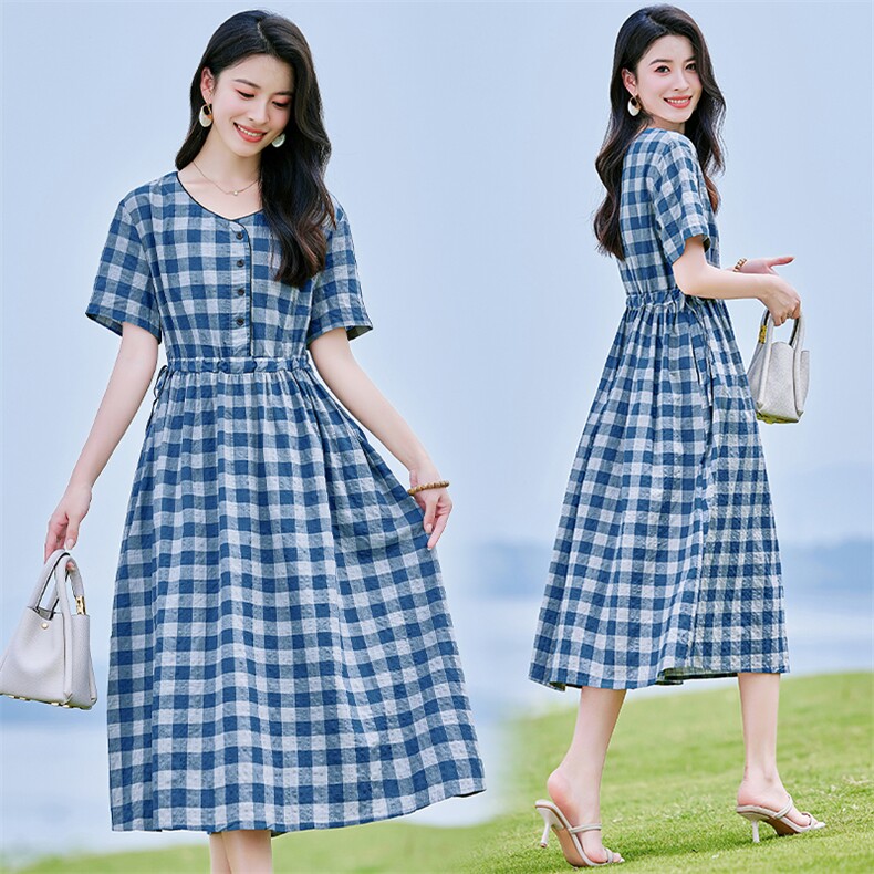 棉麻连衣裙夏季2025新款衣服大码女装高端精致气质宽松格子长裙子,女装连衣裙,铭街依杨