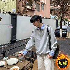 假两件撞色上衣拼接长袖衬衫男秋衬衣宽松重磅卫衣网图WY624有货，男装卫衣，星座302B-2