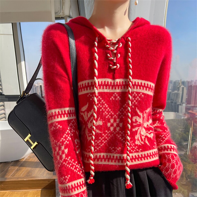 时尚新款连帽抽绳羊毛衫女宽松显瘦长袖毛衣冬季保暖针织衫,女装羊毛衫,宇灿羊绒