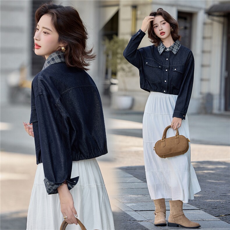 现货2025秋装新款格子拼接复古时尚牛仔外套，女装牛仔外套，深水步