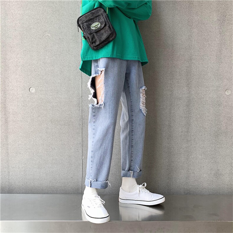 2021夏款宽松九分裤水洗大破洞牛仔裤韩版9分裤休闲裤N/,男装牛仔裤,星座1008