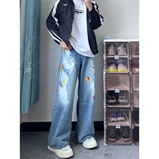 常规长裤微弹春秋潮中腰小众设计感涂鸦宽松直筒牛仔裤青少年水洗，男装牛仔裤，星座218-1（原230）