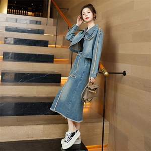 时尚春季牛仔套装裙女 高腰显瘦气质两件套 舒适百搭休闲风图片