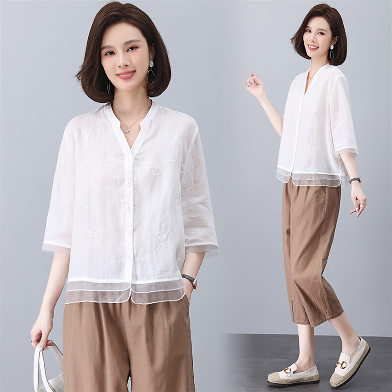 苎麻夏季2025新款气质复古亚麻上衣大码女装棉麻休闲裤，女装衬衫，奕阳依阁