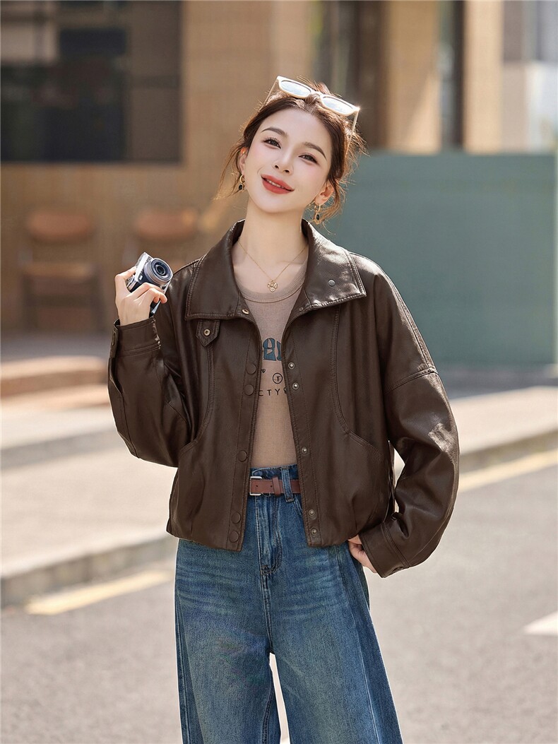 皮衣外套女春秋季2026新款小个子港风复古高级感皮夹克机车,女装皮衣,秀美人生