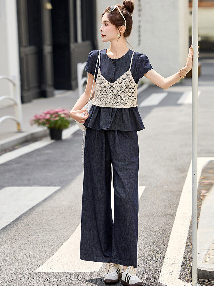 2025夏季水洗牛仔色休闲潮三件套裙减龄今年流行的女装套装,女装套装/套裙,众宇琦