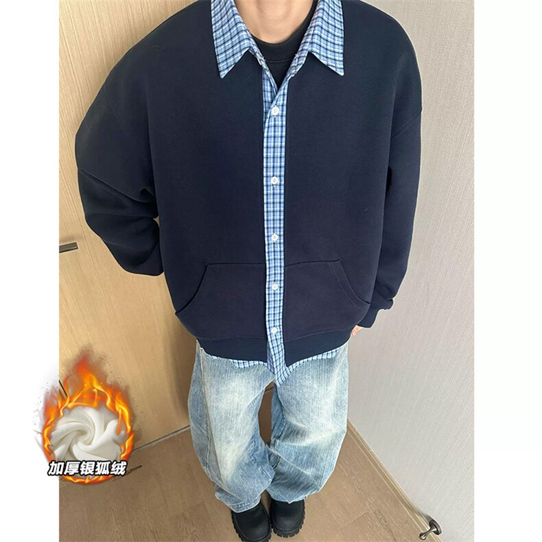 网图银狐绒450g重磅假两件格子男卫衣外套W5436J加绒-特P55控99,女装短外套,电商A001-1