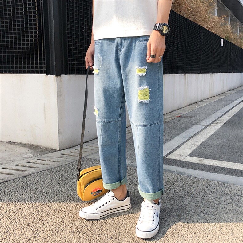 2021港风春夏款男装牛仔裤破洞拼接潮男休闲裤N图片