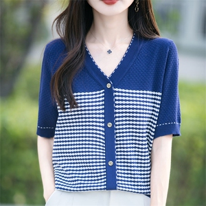 2025夏季新款V领撞色格子短袖针织衫T恤女宽松显瘦百搭气质小衫潮图片