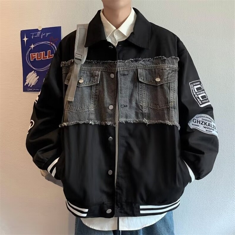 港风牛仔拼接夹克外套男女棒球服宽松高街vibe风潮牌XJ333-P65,男装夹克,星座1001-1