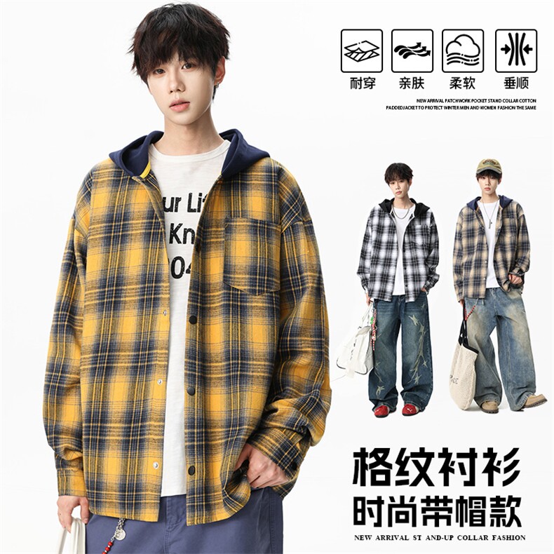 2025秋季新款百搭复古格子连帽棉质衬衫青少年长袖衬衣HH9171图片