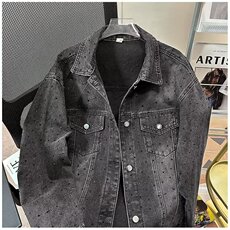 得物高品质巴黎家新款欧美嘻哈泼墨满钻牛仔外套潮牌宽松休闲夹克，男装工装外套，星座1013