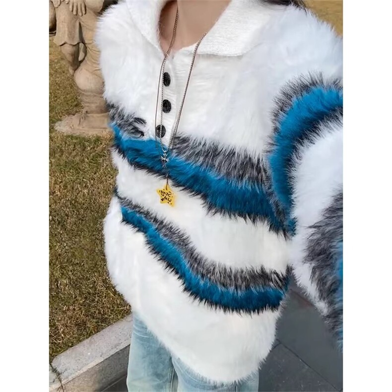 马海毛撞色条纹polo领毛衣男冬季加厚保暖慵懒感软糯水貂绒针织衫,男装针织衫/毛衣,星座506A