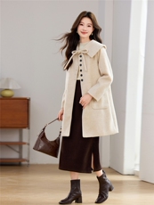 米色韩系大女主气质毛呢大衣女2025年冬季新款披肩装饰系带呢外套，女装毛呢外套，江南富贵女