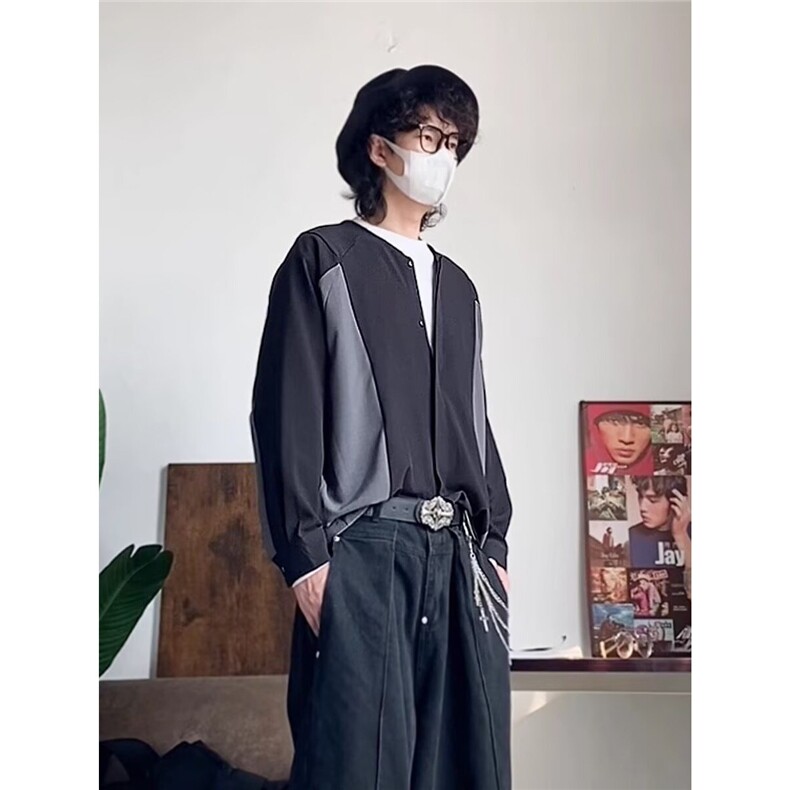 韩宽松潮流拼接撞色无领V领衬衫男士长袖上衣高级垂感免烫衬衣,男装衬衫,星座506A