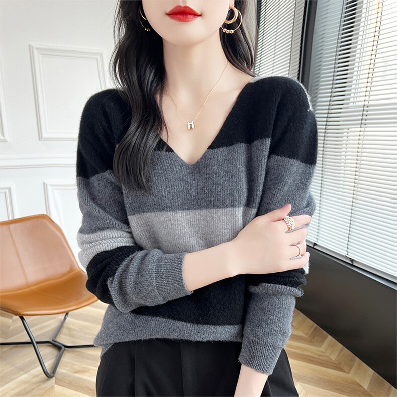 韩系撞色条纹针织毛衣女2025新款法式高级感宽松软糯保暖毛衫上衣,女装羊毛衫,蒙特羊绒