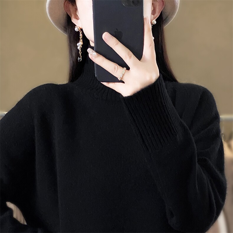 高翻领套头毛衣女纯色针织秋冬休闲加厚宽松保暖,针织衫/毛衣,解氏羊绒