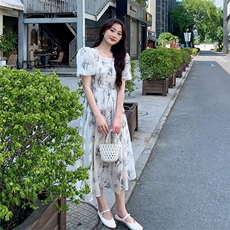 《现货新品》法式轻熟风泡泡袖水墨花连衣裙，女装连衣裙，MQ
