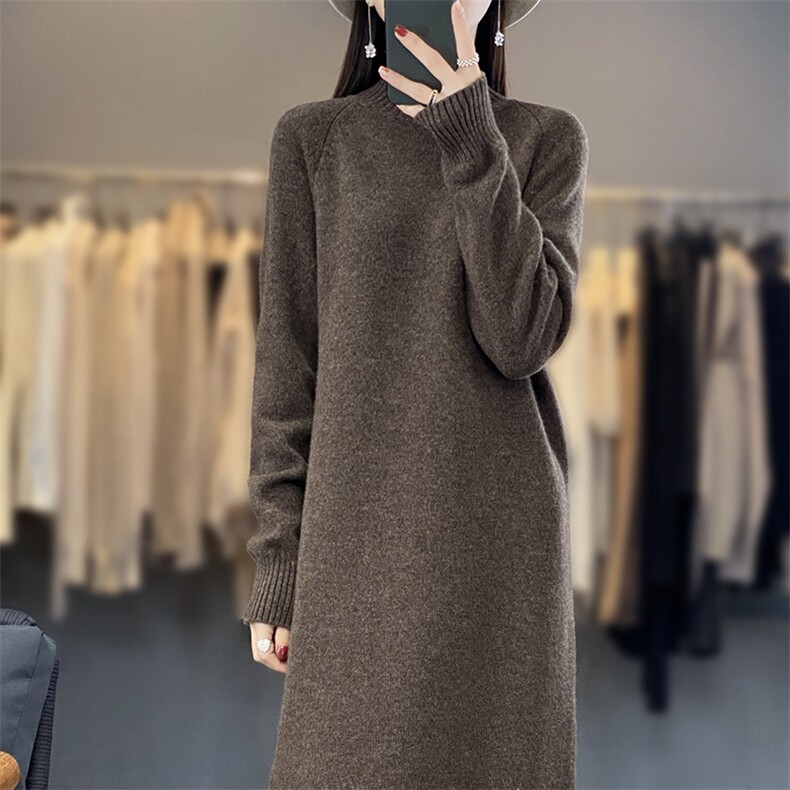 百搭女秋冬羊毛连衣裙简约休闲显瘦长袖针织裙舒适保暖高领毛衣裙图片