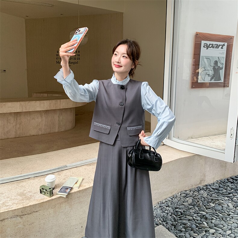 2026新款长袖衬衫+马甲+半身裙三件套套装,女装套装/套裙,纯色衣恋