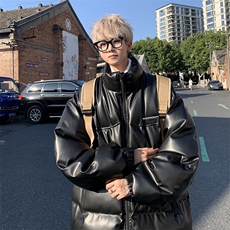 棕色PU皮棉衣男冬季新款美式街头加厚棉服外套潮牌宽松面包服棉袄，男装棉衣，星座506A