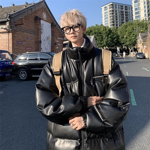 棕色PU皮棉衣男冬季新款美式街头加厚棉服外套潮牌宽松面包服棉袄图片