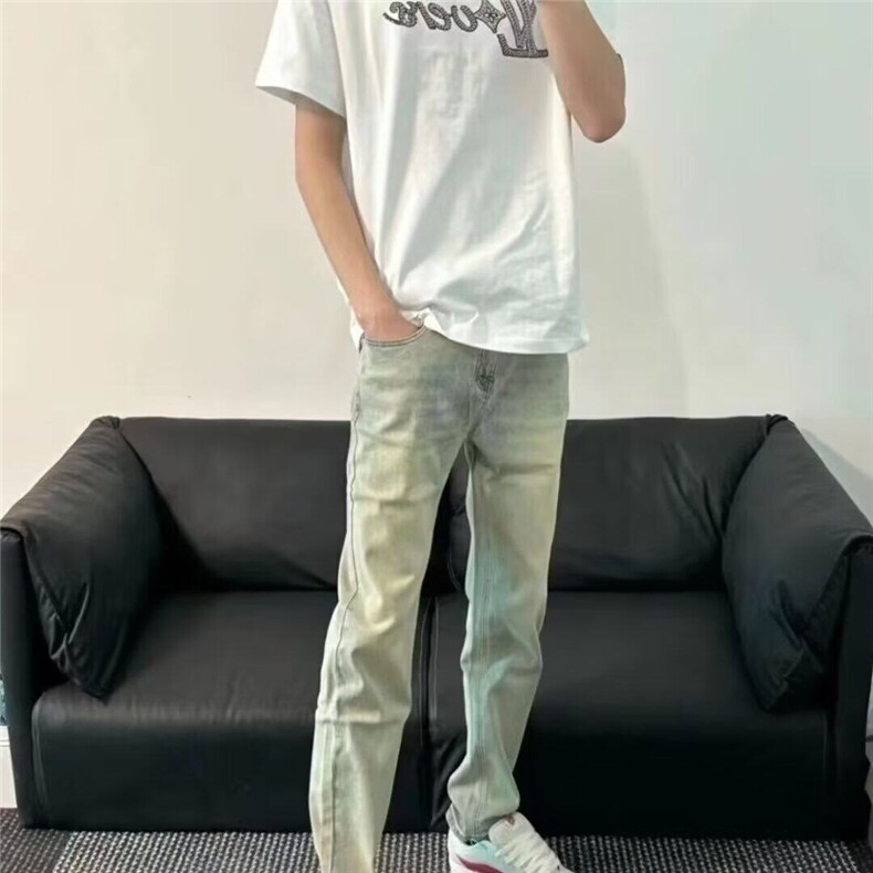 网红新款修身牛仔裤男韩版水洗黄泥做旧小直筒小脚社会长青年裤子,男装休闲裤,星座506A