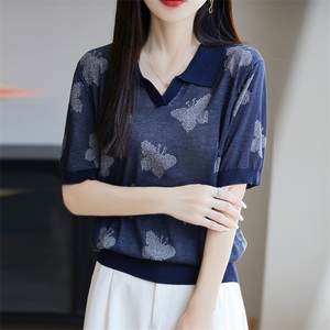 高级感莱赛尔针织POLO领提花短袖T恤女2025夏薄透气减龄小衫上衣图片