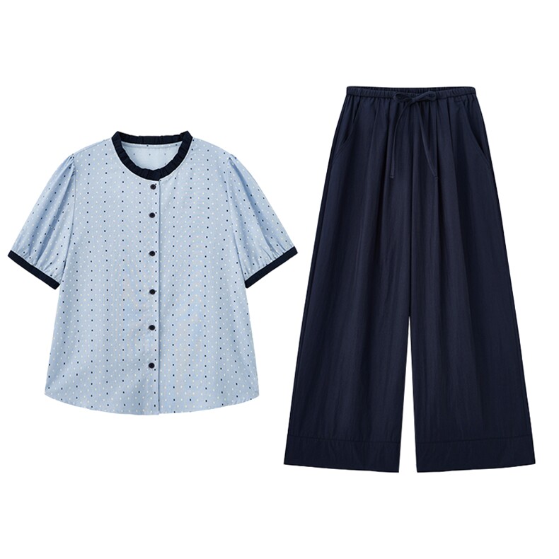 波点撞色短袖宽松上衣两件套女显瘦直筒裤女2025夏季新款套装,女装套装/套裙,梦懿尔
