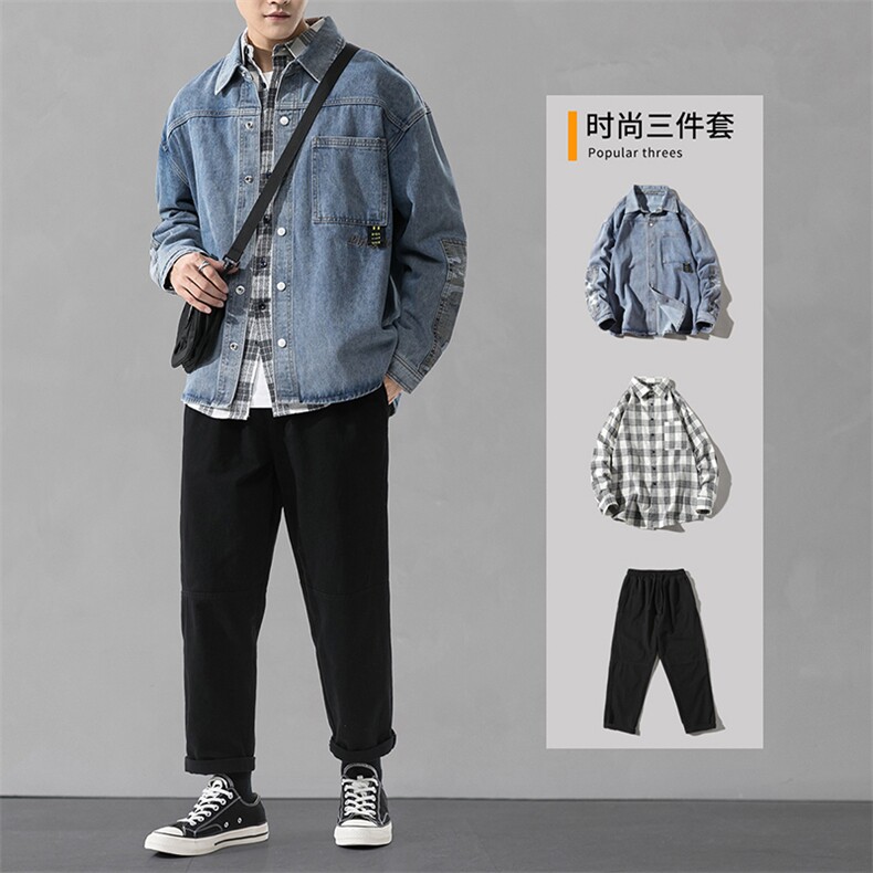 春秋季新款工装牛仔男韩版潮流夹克搭配三件套套装DF153T图片