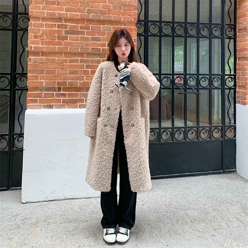 韩版气质波斯羊羔毛外套女2025冬季新款显瘦保暖长款皮毛一体大衣,女装毛呢外套,纯色衣恋